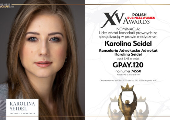 Nominacja w konkursie XV Polish Businesswomen Awards w kategorii Lider wśród kancelarii prawa medycznego